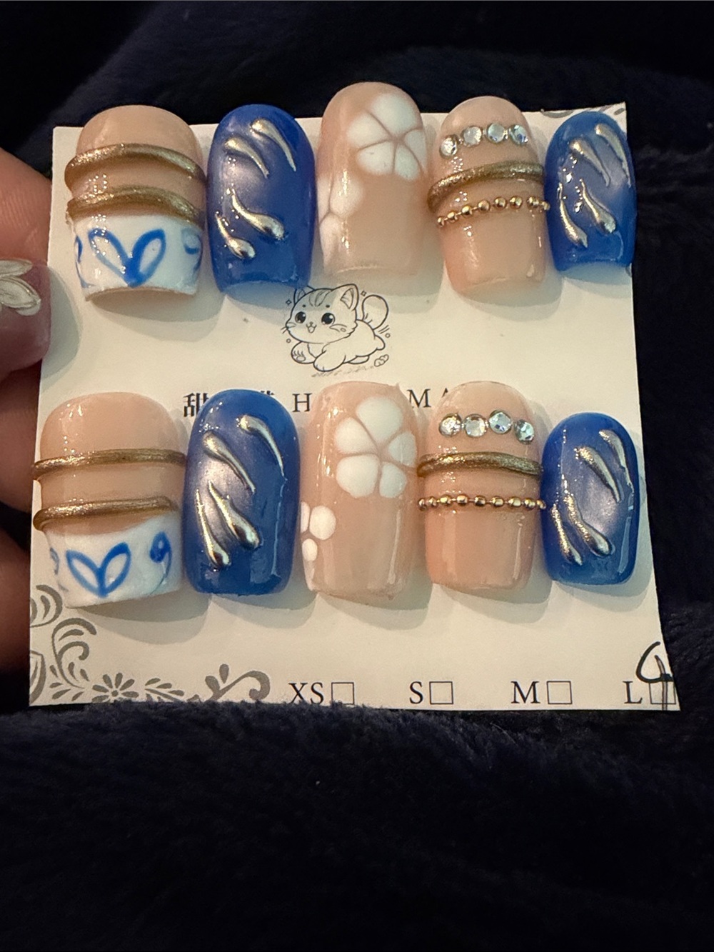 Blue & Nude 3D Floral Rhinestone and bangle accent handmade Press-On Nails